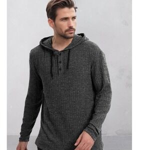 Nicoby Premium‎ Menswear Charcoal Gray Ribbed Henley Hoodie Pullover- Size M